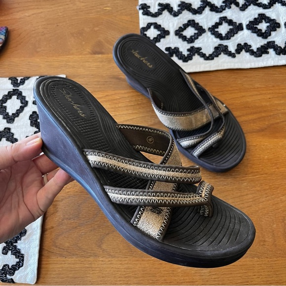 Y2K Skechers Wedge Sandals Black Tan Womens shoe size 8 - Picture 1 of 7